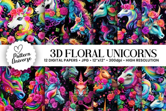 Download 3d Floral Unicorn Seamless Patterns - Unicorn seamless Collection