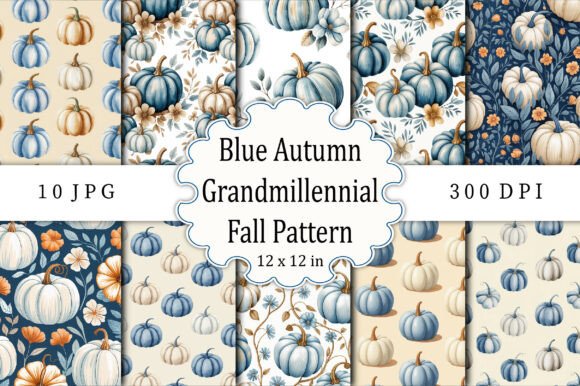 Download Blue Autumn Grandmillennial Fall Pattern - Fall pattern Collection